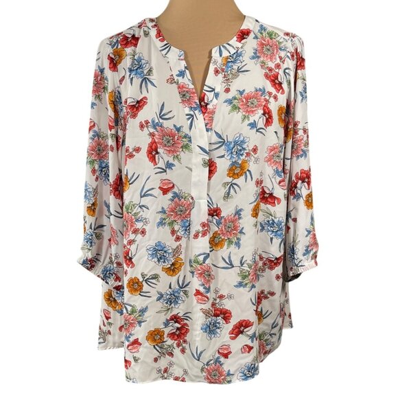 Tahari Tunic Top Blouse Floral White Blue Size 1X V-Neck 3/4 Sleeve - Picture 1 of 8
